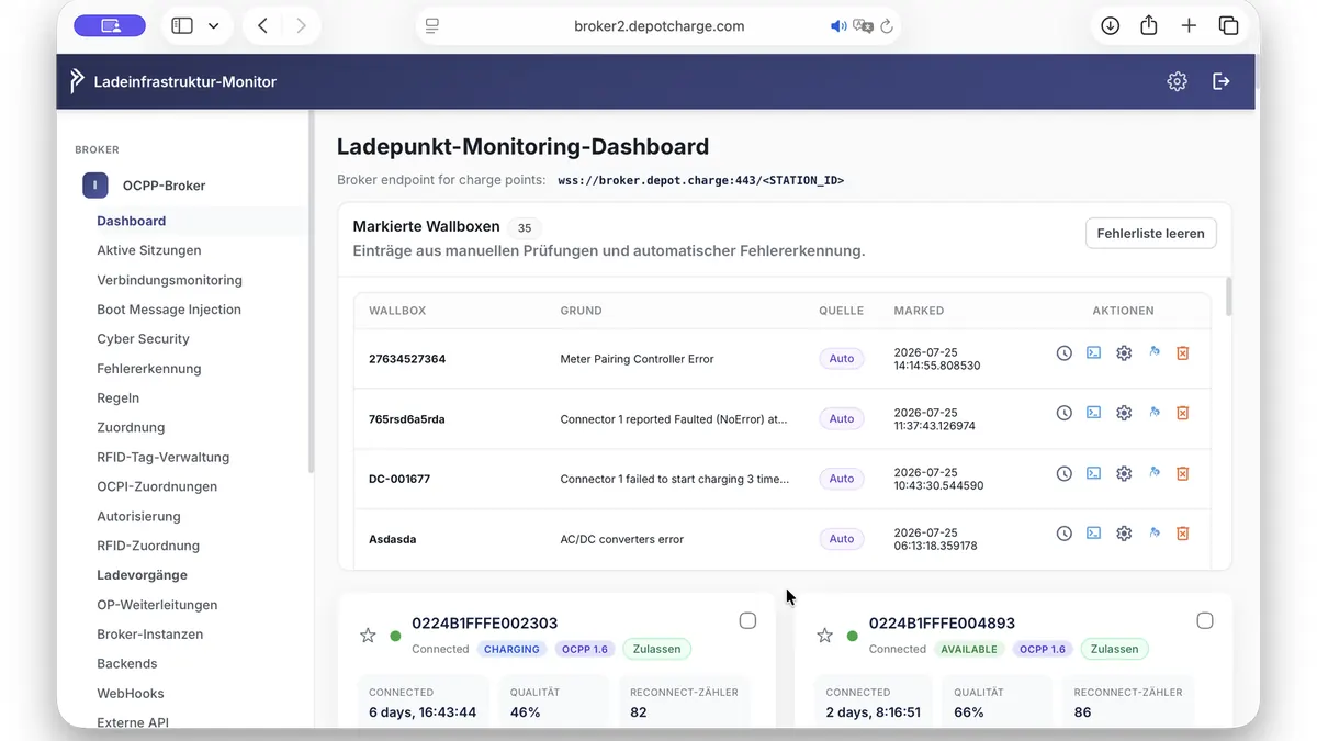 DepotCharge OCPP-Broker: Ladepunkt-Monitoring-Dashboard