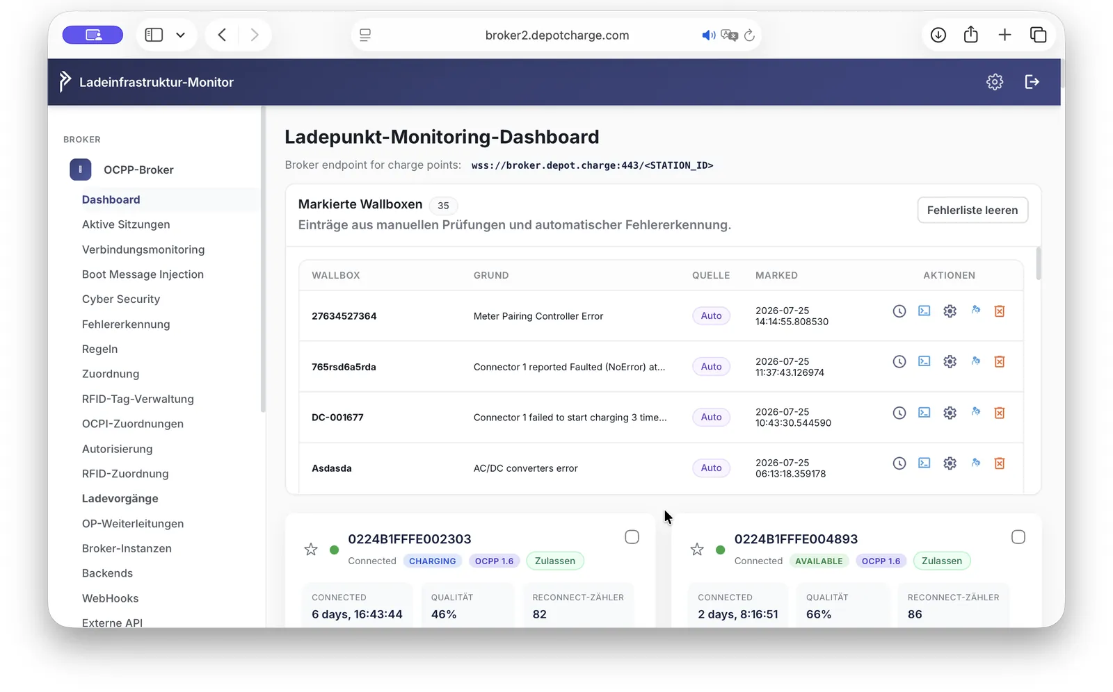 DepotCharge Ladeinfrastruktur-Monitor mit Broker-Navigation und Ladepunkt-Monitoring-Dashboard